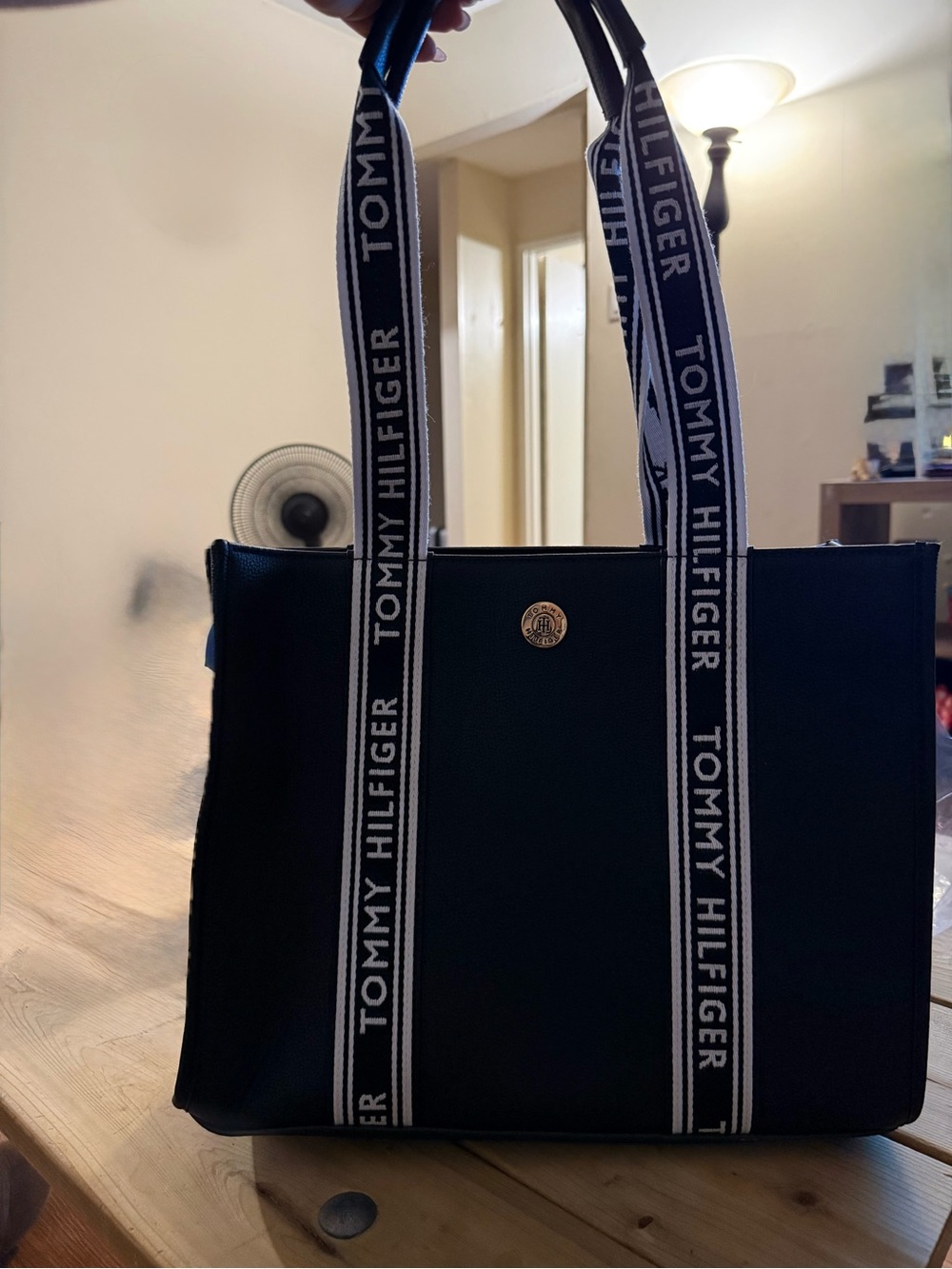 Tommy Hilfiger Black Tote with Branded White-Trim Straps
